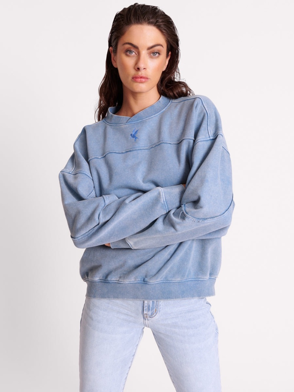 One Teaspoon Blue Acid Retro Crew Sweater Size XS Sweatshirt Embroidered Bird
